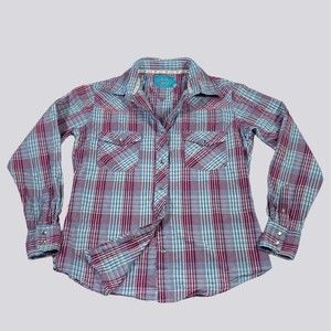Cowgirl Hardware Snap Shirt Top M Bling Plaid Blue Purple Western Rockabilly